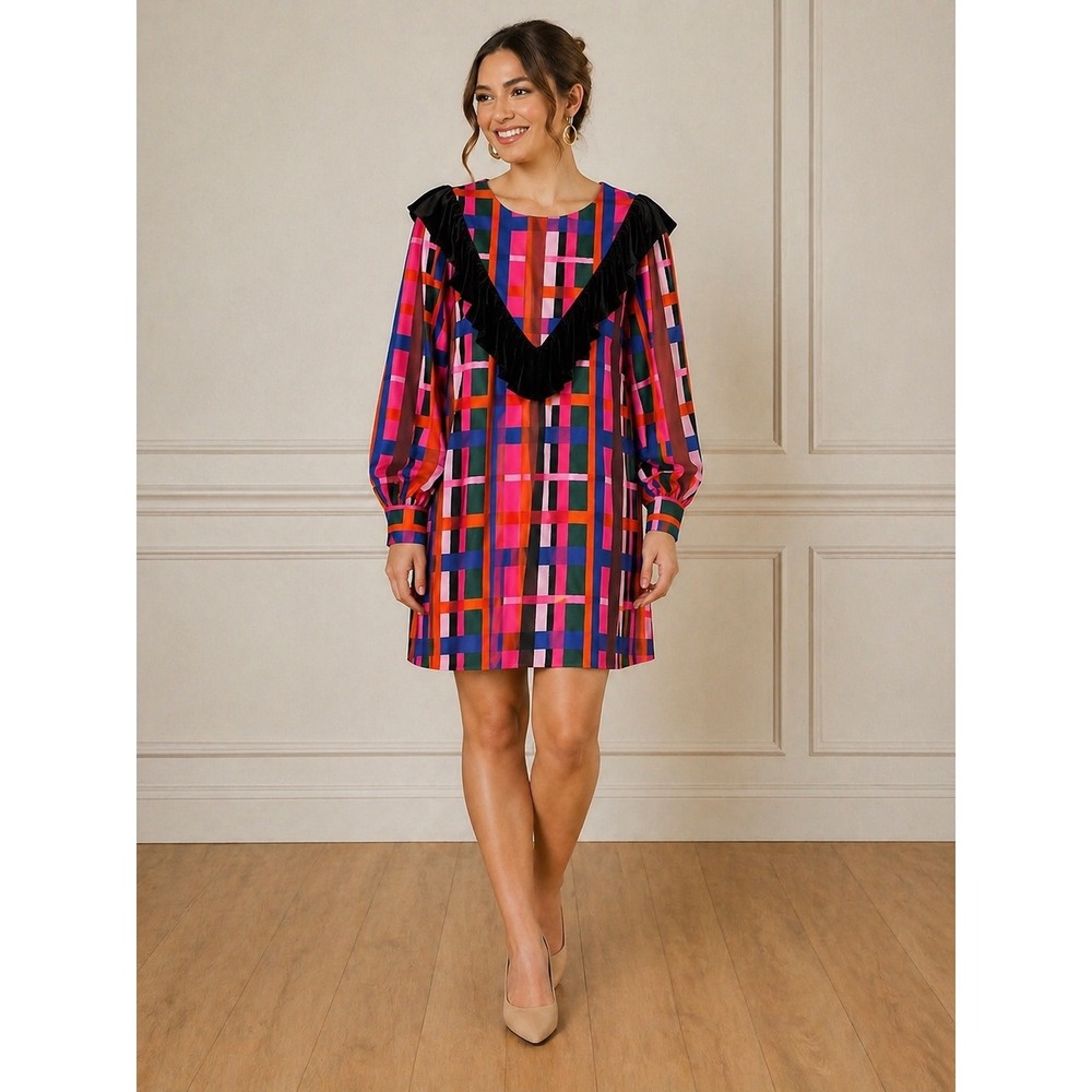Crosby Mollie Burch Plaid Velvet Ruffle Mini Dress Balloon Sleeve L